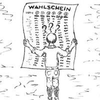 Karikatur Wähler vor einem Wahlschein